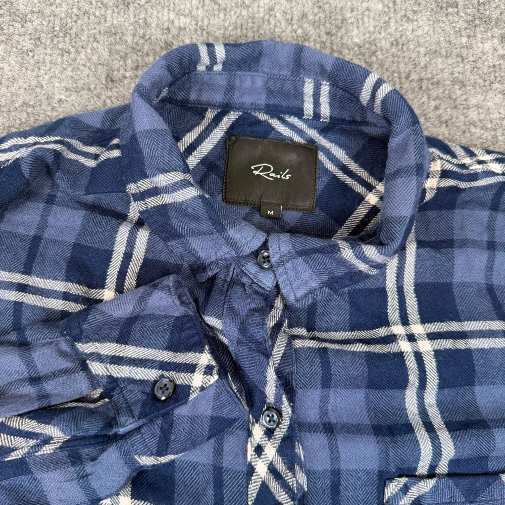 Rails Hunter Plaid Button Down Shirt Womens Size M Blue White Silver Lurex EUC